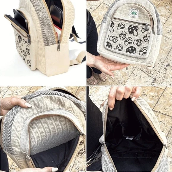 Mini Hemp Mushroom Backpack - 10" Handmade Cotton and Hemp Boho Bag from Nepal - Picture 3 of 11